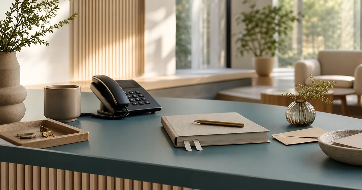 Telefon och kundmeddelanden i en varm, professionell receptionsmiljö.